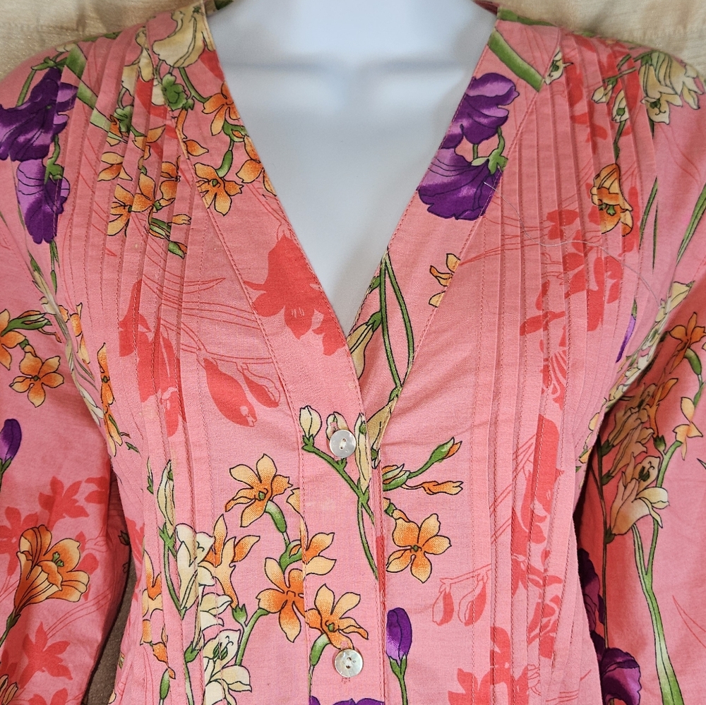 Soft Surrounding pink purple green floral tunic blouse top Womens Medium - Picture 6 of 9